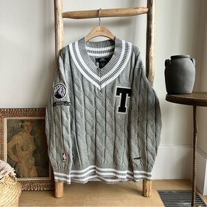 NBA Pro Prep Grey Cable-Knit V-Neck Sweater with Timberwolves Logo
